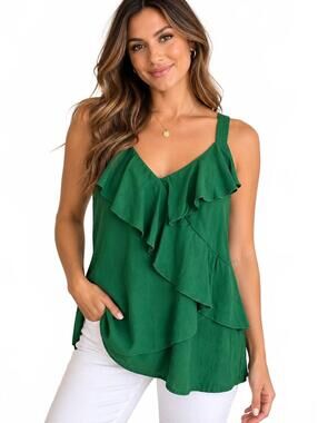 Emerald Green Ruffle Sleeveless Blouse Soft Velvet Feel Flowy Top